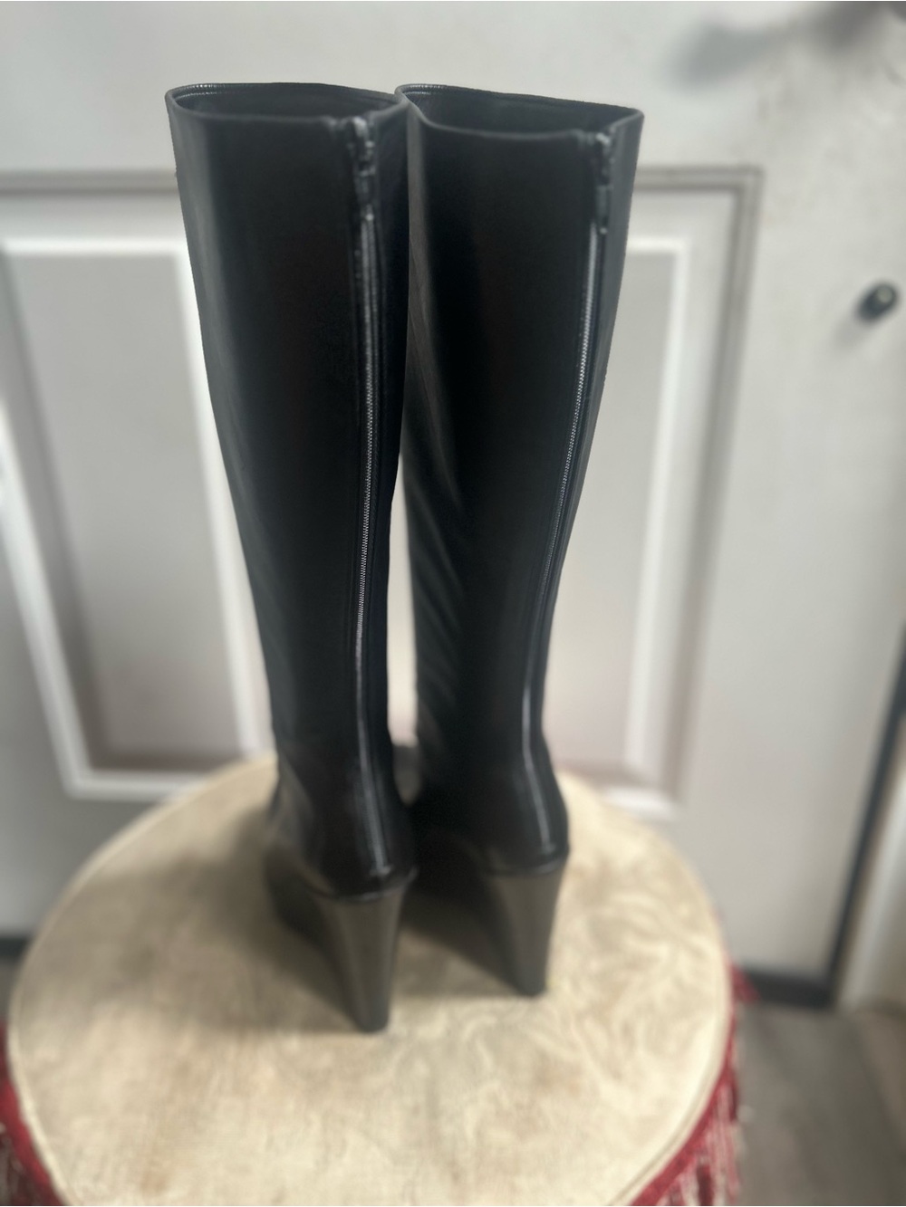 Christian Loubotin Black Tall Smooth chunky wedge platform Leather boots Sz 38 - Picture 5 of 15